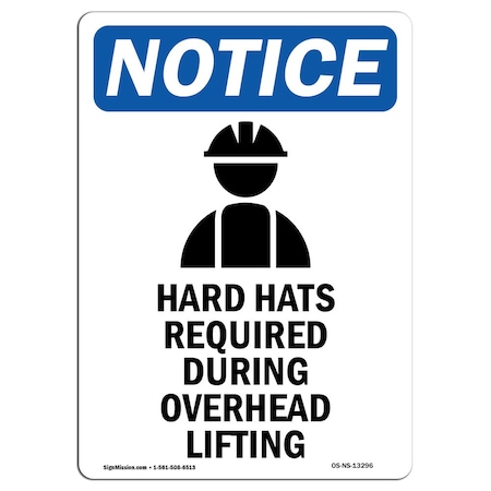 OSHA Notice Sign, Hard Hats Required With Symbol, 18in X 12in Decal